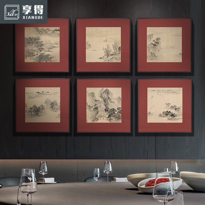 新中式酒店别墅大堂背景墙组合装饰画客厅茶室书房山水挂画玄关画
