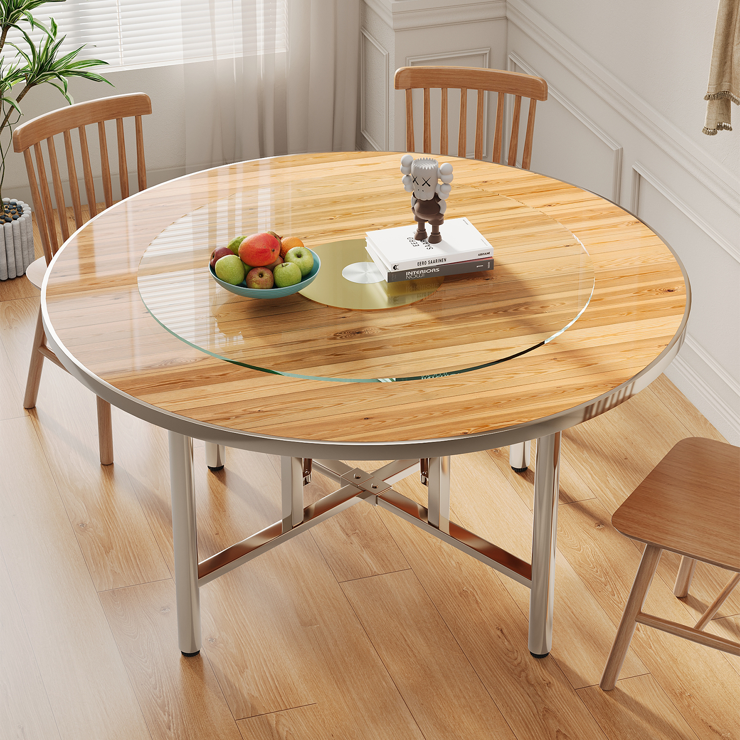 实木餐桌圆桌子面板带转盘餐厅饭店酒店大排档农村大圆桌多人吃饭