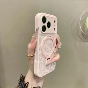 ins豹纹Kitty猫适用苹果17Promax手机壳iPhone16Promax液态硅胶15Pro自带折叠支架14Pro情侣男女13防摔保护套