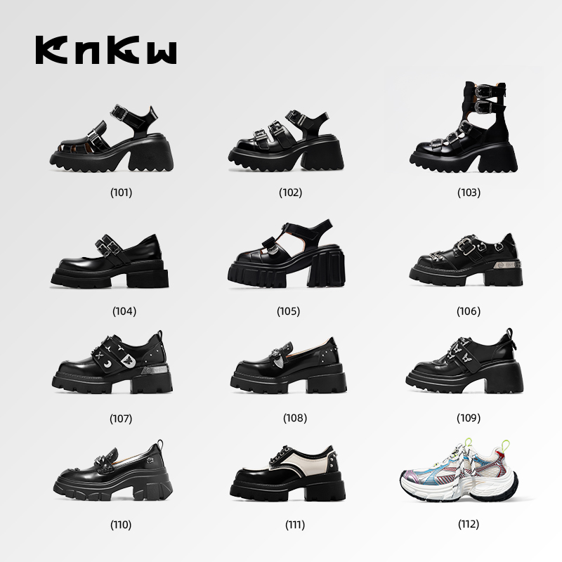 knkw金属铆钉搭带黑色增高小皮鞋
