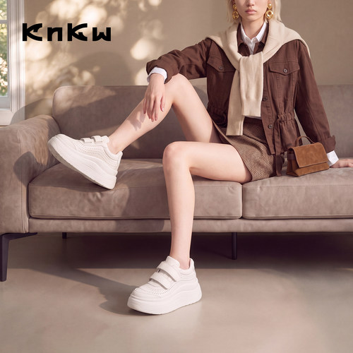 knkw厚底增高新款魔术贴小白鞋女