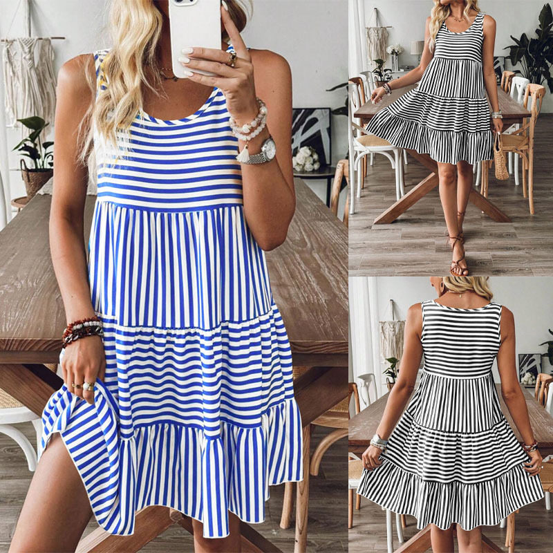 Women striped printed vest dress夏季条纹印花背心无袖连衣裙女