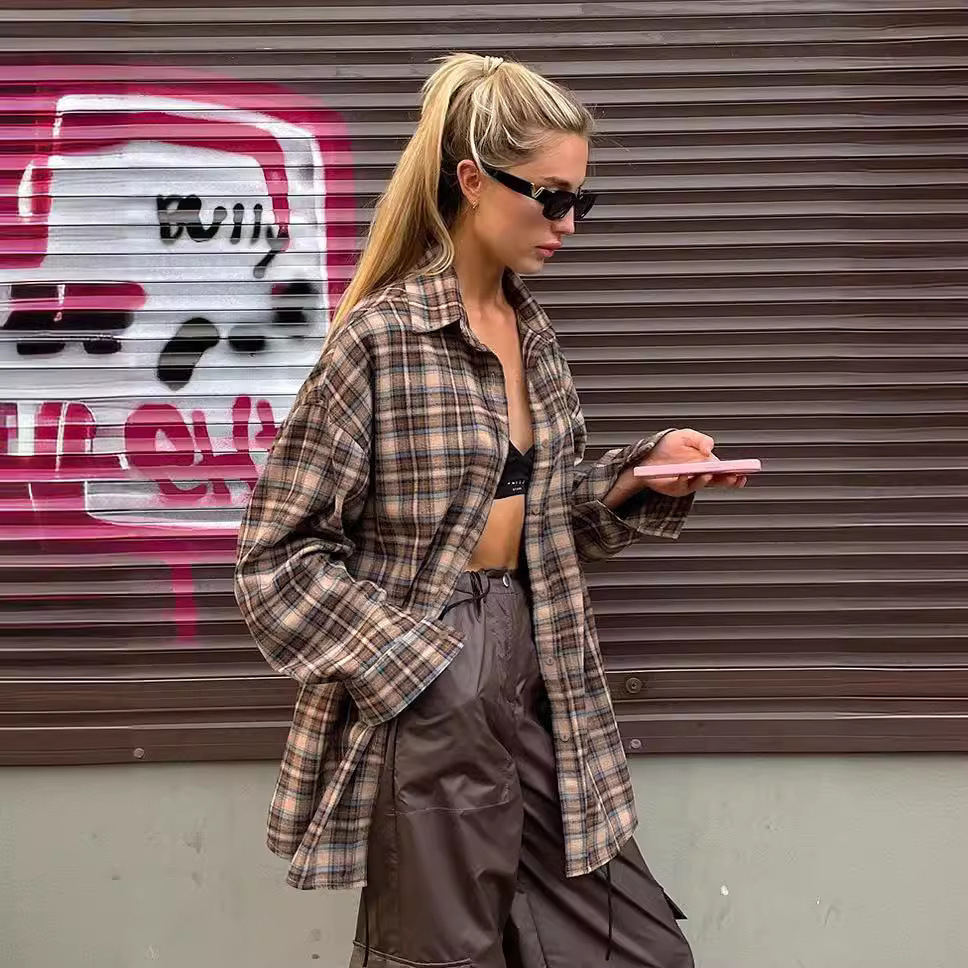 Women retro plaid loose fitting shirt复古格纹衬衫女长款宽松
