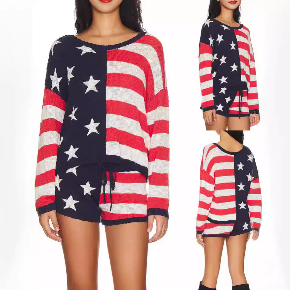 Women's striped long sleeved shorts knitted suit女针织套装