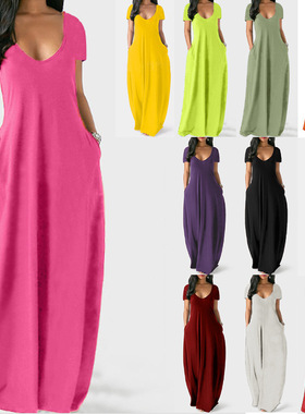 8XL plus size women short sleeved long skirt纯色连衣裙短袖女