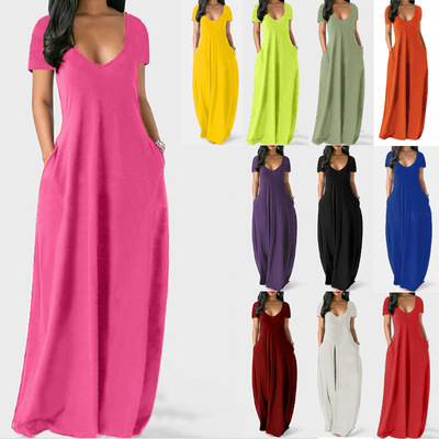 8XL plus size women short sleeved long skirt纯色连衣裙短袖女