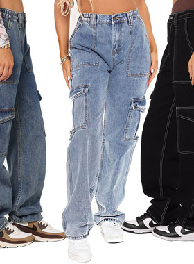 Womens Pants Black Denim Trousers Ripped Jeans 多袋牛仔裤女