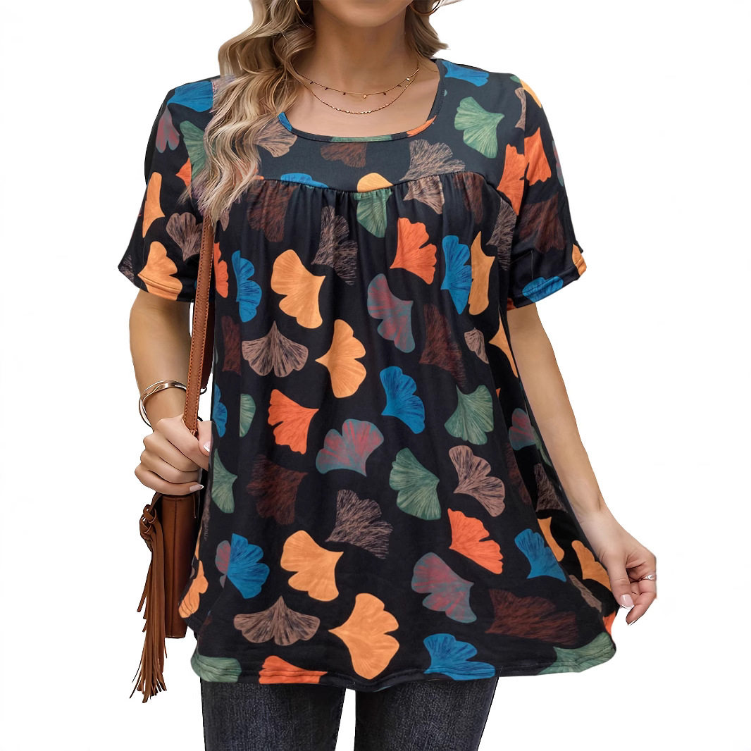 5XL Large Women's Printed Short Sleeves印花短袖上衣方领女T恤