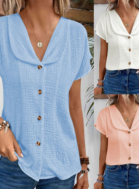 5XL plus size women short sleeved shirt女大码短袖衬衫娃娃领