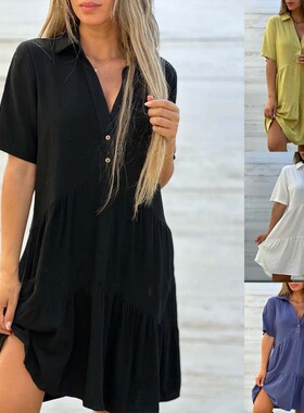 Women's collar shirt, short sleeved cotton and linen dress