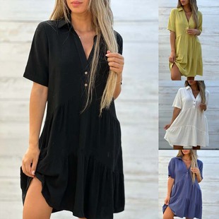 Women's collar shirt, short sleeved cotton and linen dress