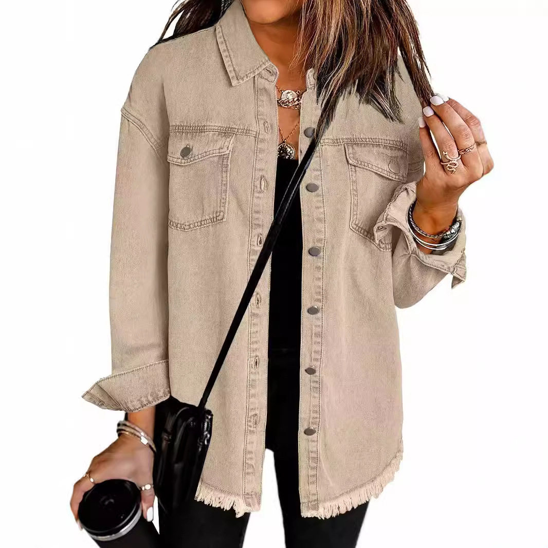 Women's washed denim shirt jacket水洗牛仔衬衫夹克女磨边下摆