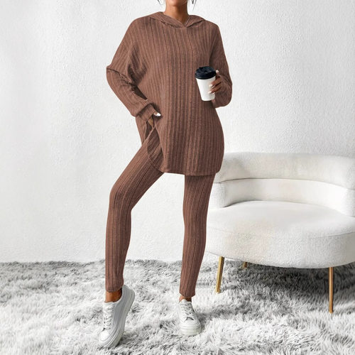 Women long sleeved hooded top+long pants knitted sweater set