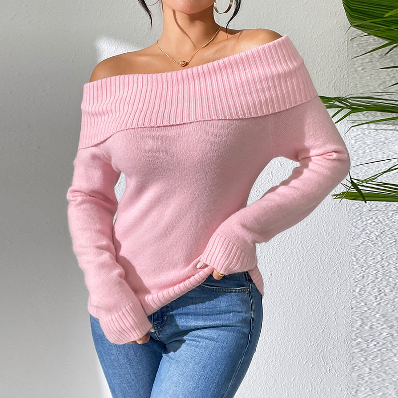 Women slim fit off shoulder sweater女一字露肩毛衣打底针织衫