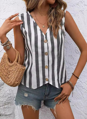 Women sleeveless vest top V-neck striped vest女无袖背心上衣
