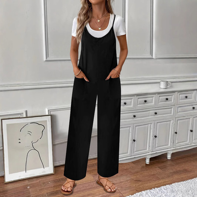 夏季新款女式吊带裤  纯色休闲气质通勤女装长裤吊带连体裤