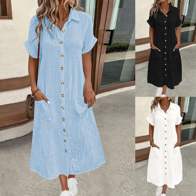 Women's short sleeved long lining dress欧美女短袖长款衬衣裙