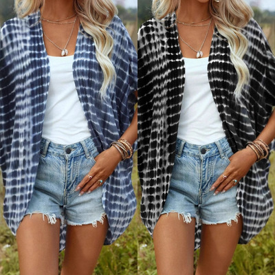 Women mid to long batwing sleeve cover shirt女扎染蝙蝠袖罩衫