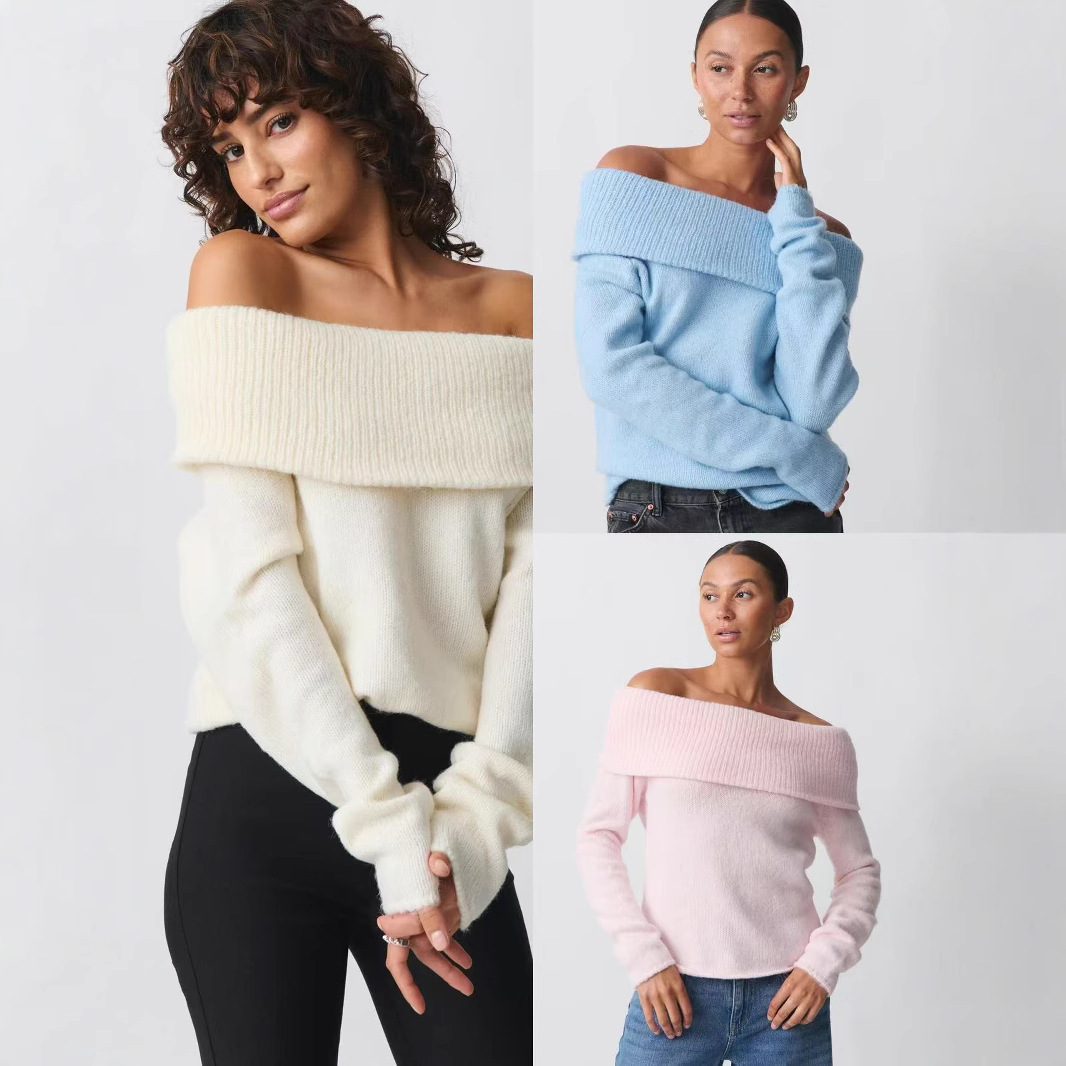 Women's off shoulder long sleeved sweater女一字肩翻领毛衣