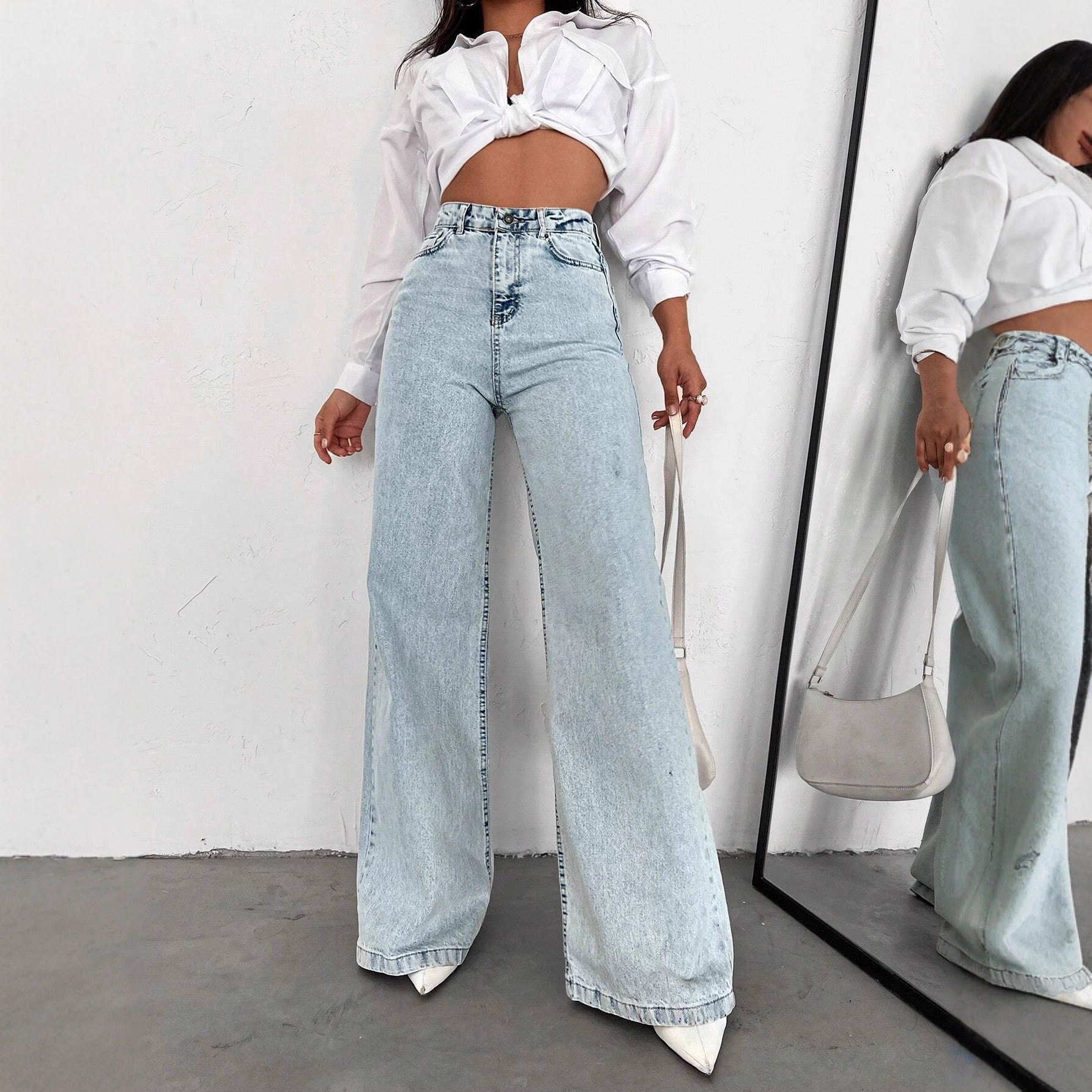 Straight tube loose wide leg washed women's jeans女牛仔裤图片