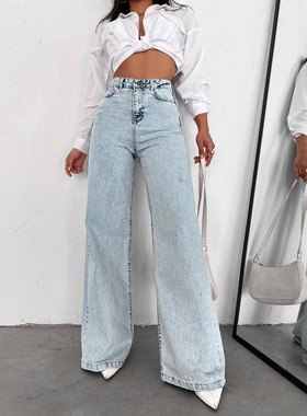 Straight tube loose wide leg washed women's jeans女牛仔裤