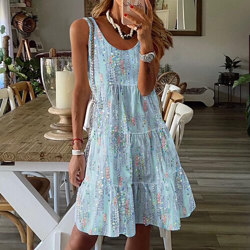 Women printed round neck sleeveless mid length dress女连衣裙