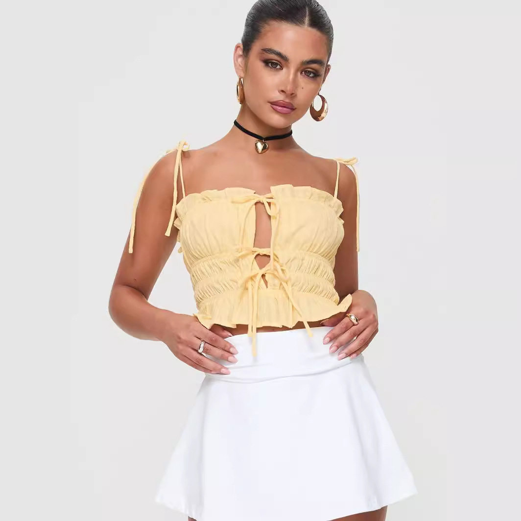 Women strapless ruffled camisole女抹胸荷叶边系带短款拼接吊带