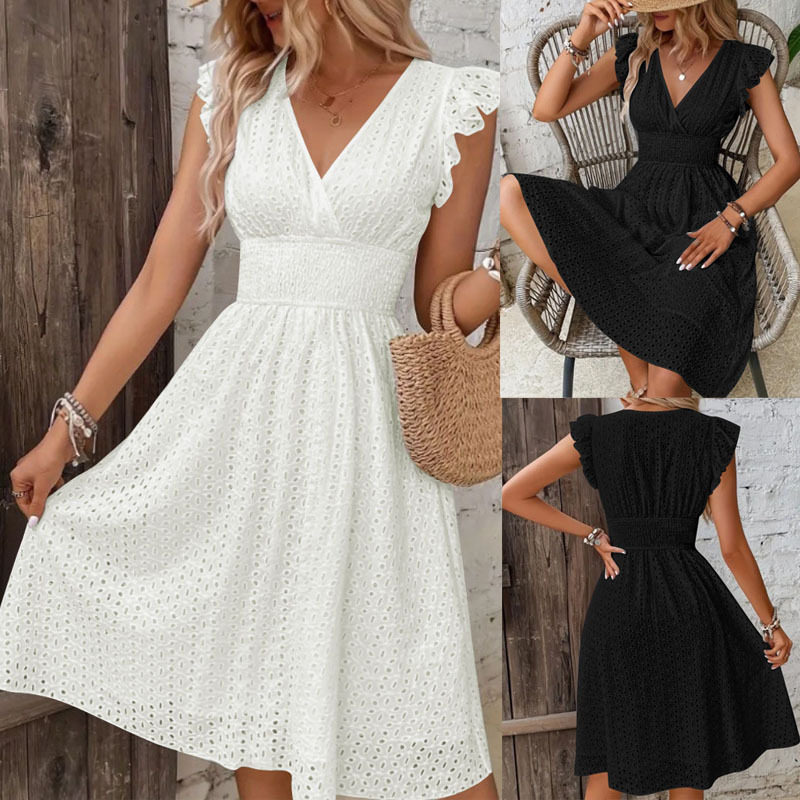 Women's V-neck hollow sleeveless dress女v领镂空荷叶袖连衣裙