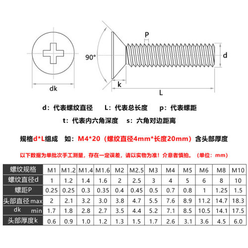 KM 碳钢镀黑色锌 沉头十字螺丝钉平头M4M3*x4x5x6x7x8x12x16x20mm