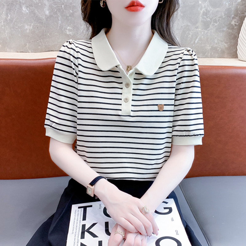条纹短袖t恤女2024新款夏季polo领显瘦洋气小衫独特别致纯棉上衣