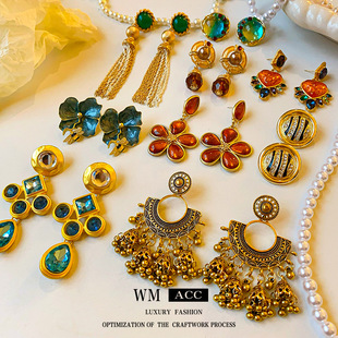 中古vintage复古花朵几何耳环时尚 气质耳钉小众轻奢高级感耳饰女