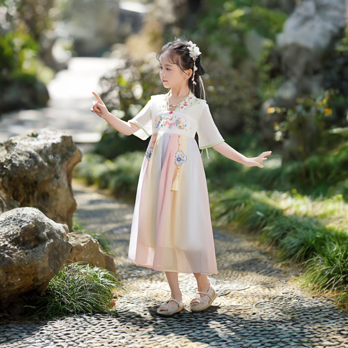 女童超仙中国风雪纺连衣裙6-12岁夏季汉服裙子改良襦裙表演服夏装