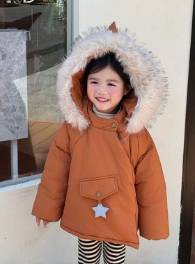 女童冬季焦糖大毛领加厚面包服