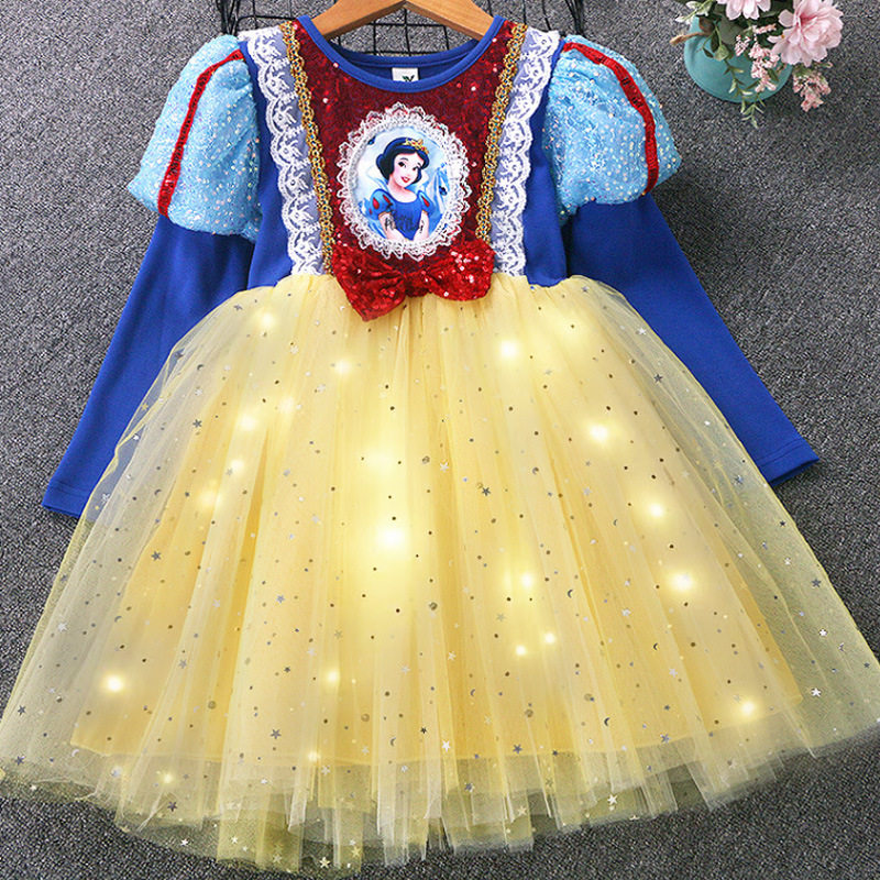 女童白雪公主生日礼服泡泡袖蓬蓬裙春秋长袖2026秋新款网纱发光裙