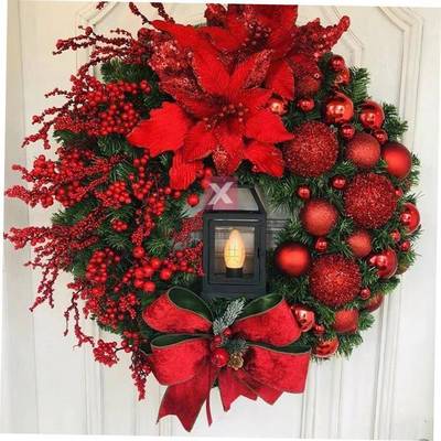 Christmas Wreath with Lamp Bow Ball Big Red Flower Navidad P