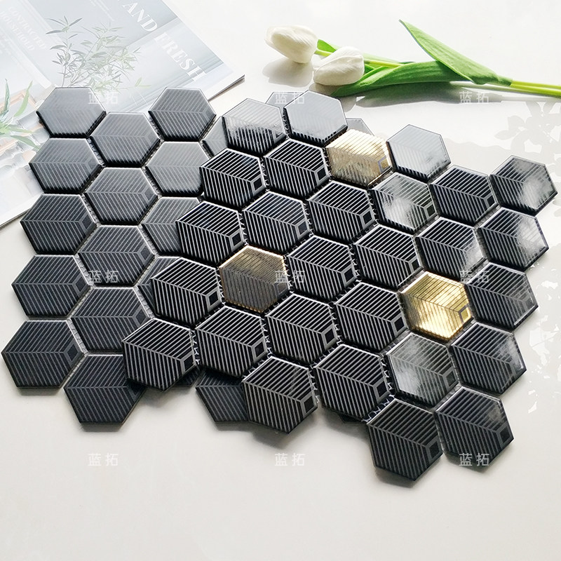 复古简约六边形陶瓷艺术雕花马赛克东南亚民宿卫生间浴室背景墙砖