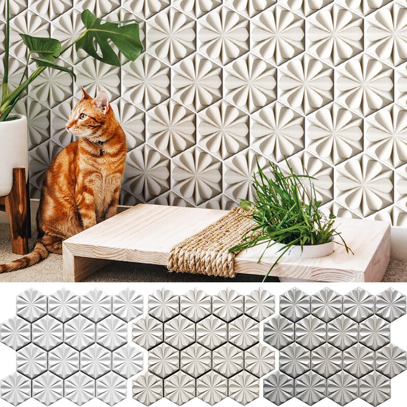 简约立体梅花六边形陶瓷马赛克卫生间瓷砖浴室厨房装饰背景墙贴白