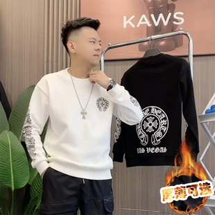 欧洲站潮牌卫衣男秋冬季加绒加厚宽松圆领休闲帅气百搭上衣打底衫
