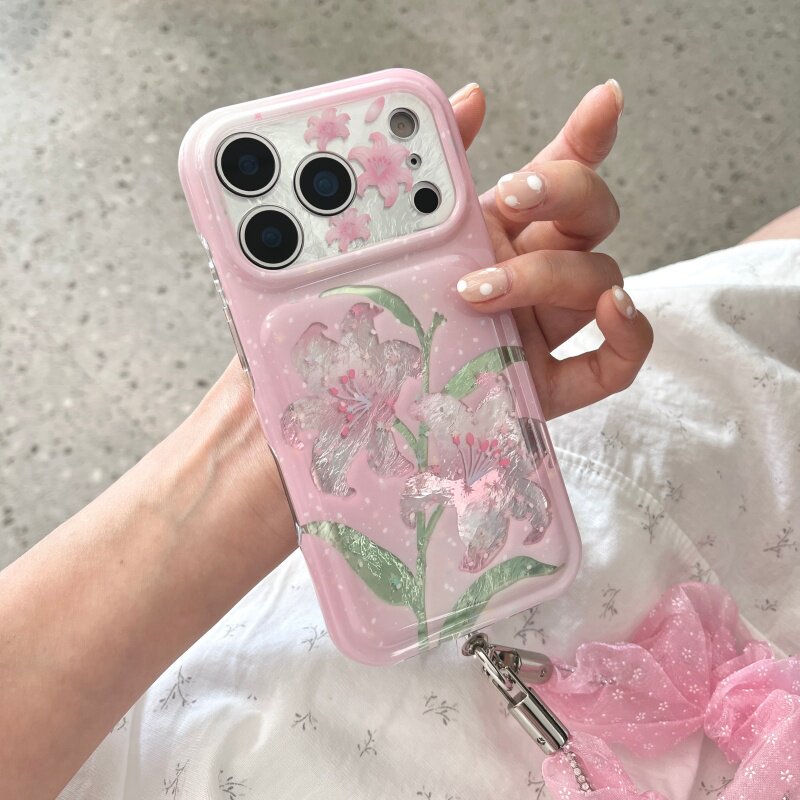ins少女心氛围感镭射粉色百合花适用苹果18promax手机壳iphone17pro新款17女款16pro带挂绳双层15全包保护套