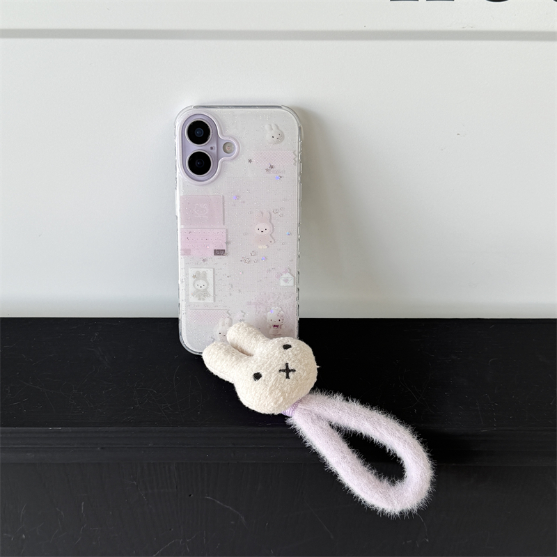 韩风ins少女心闪粉拼图兔子苹果13毛绒公仔手绳手机壳16pro新款iphone17promax女款15双层硬壳14p保护套适用