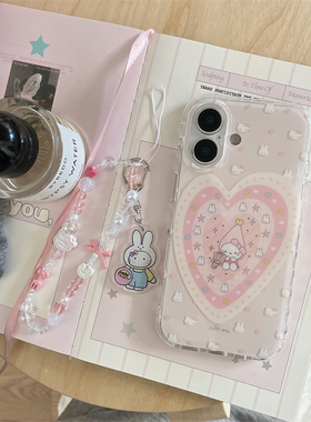 韩系ins可爱少女粉色爱心兔子kt猫苹果15pro手机壳16promax新款iphone17女款14软壳双层带链条全包保护套适用