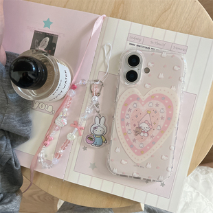 韩系ins可爱少女粉色爱心兔子kt猫苹果15pro手机壳16promax新款iphone17女款14软壳双层带链条全包保护套适用