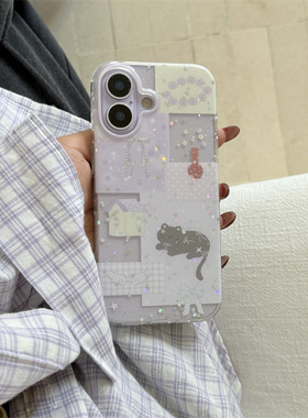 韩风ins少女心闪粉紫色拼接小房子黑猫苹果13手机壳16pro新款iphone17promax创意15全包双层软边14保护套适用