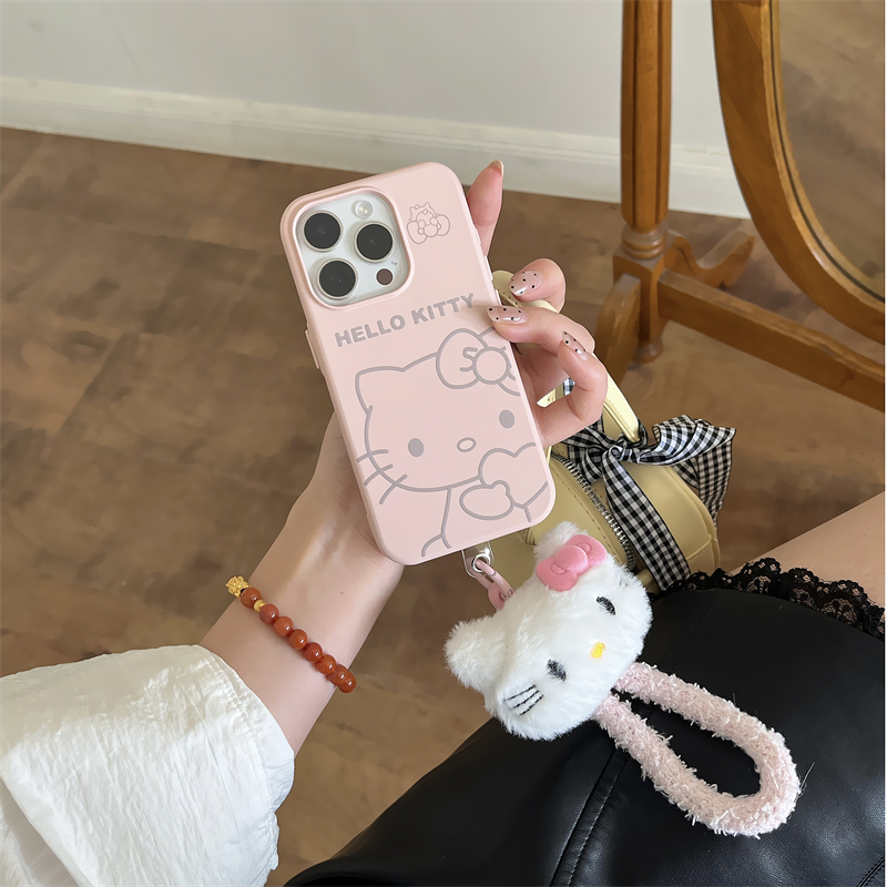 ins风可爱粉色线条kt猫苹果17pro毛绒手绳腕带手机壳16promax新款iphone13少女心15创意全包软14p手机套适用