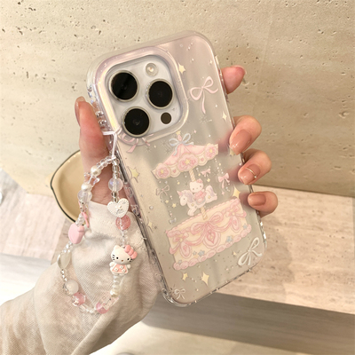 韩系ins镭射梦幻旋转木马kt猫咪适用苹果16promax可爱手机壳iphone14/13新款15少女带链条17p双层防摔手机套