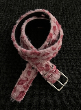 ironworks粉色豹纹毛绒腰带中古小众单品vintage百搭质感针扣裤带