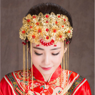 中式古风凤冠头饰新娘结婚配饰红色花朵流苏中式礼服禾服配饰