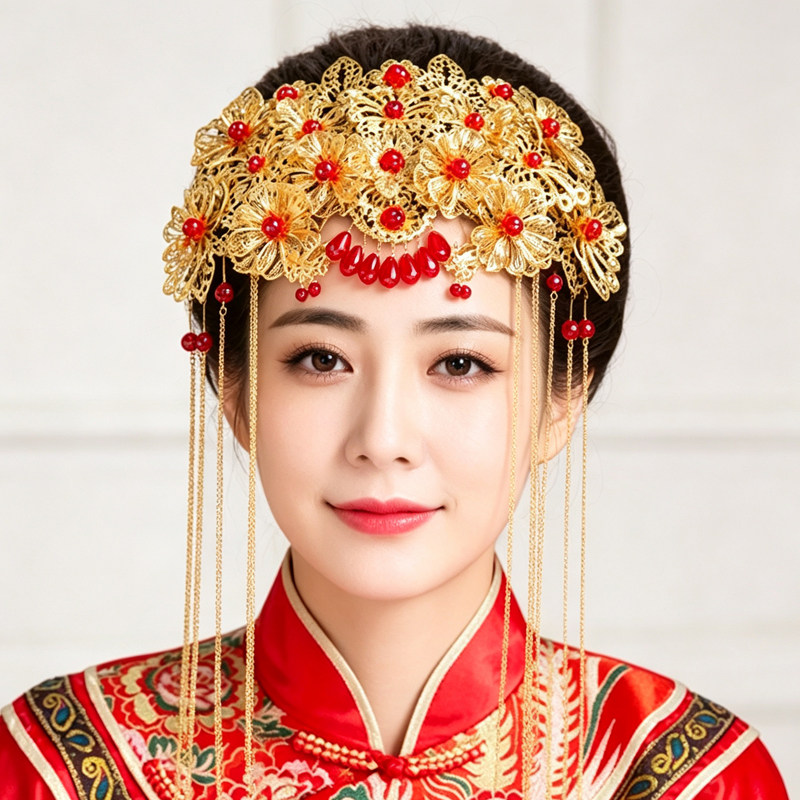 中式古风凤冠头饰新娘结婚配饰红色花朵流苏中式礼服禾服配饰