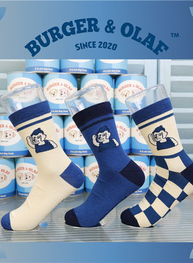 BAO0034 BURGER and OLAF  狗狗美式复古 棋盘格棉袜 三双铁罐装
