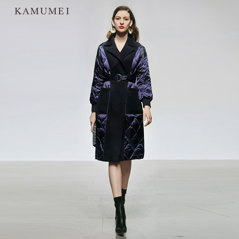 2025冬装新款欧美时尚简约通勤OL拼接毛呢西装领中长款羽绒服女